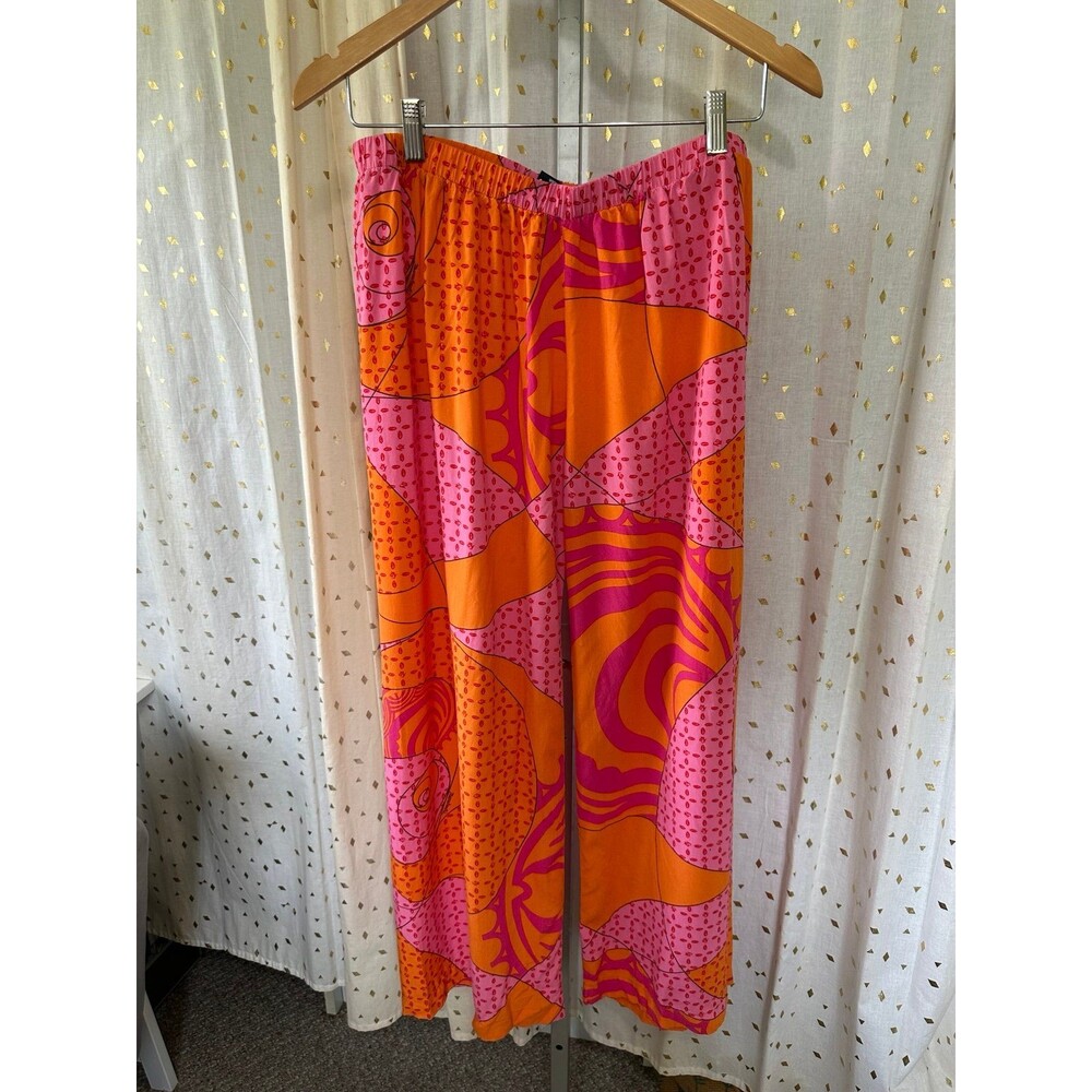 Manuhealii Hawaiian Geometric Pink Orange Elastic Waist Pull On Wide Leg Pants L - Picture 2 of 5